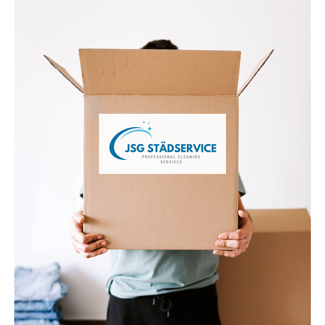 Moving box with JSG Städservice logo — move-out cleaning