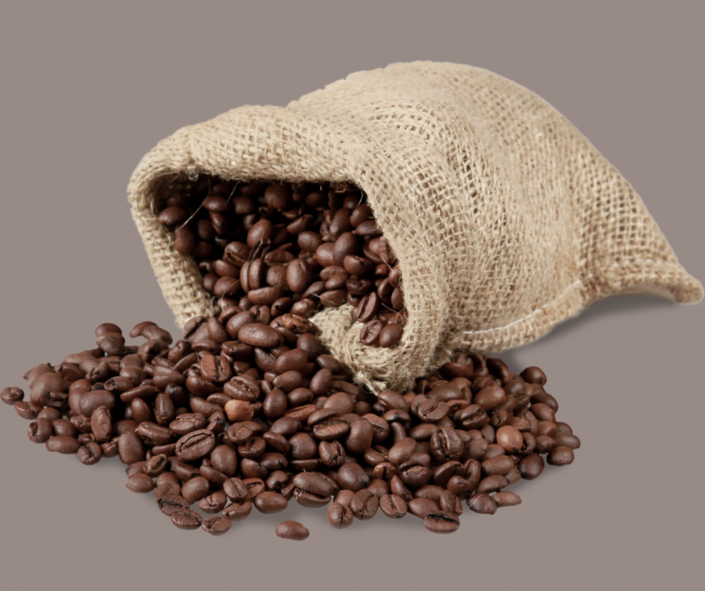 Kaffebönor i en påse. kaffe för unken doft